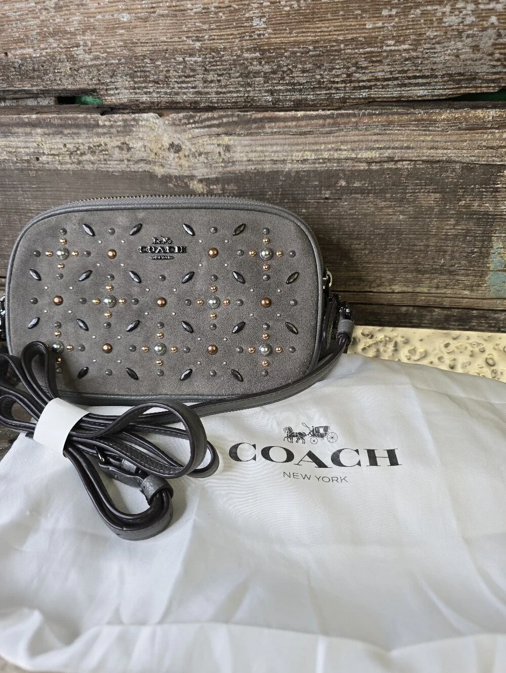 COACH Prairie Rivets Gray Pebbled Leather Studded Crossbody, NWOT